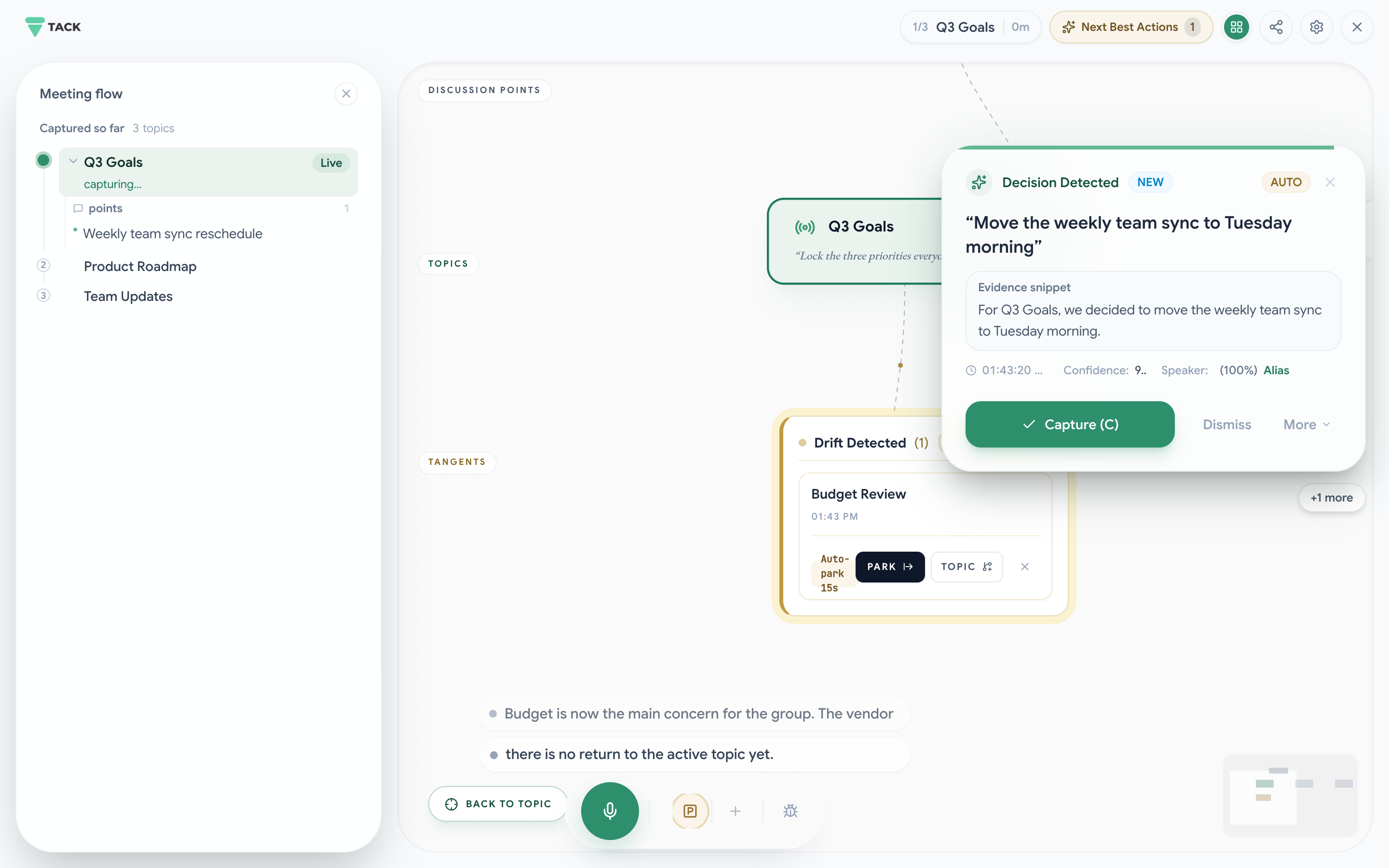 Tack actively surfacing a decision and topic drift during a live meeting