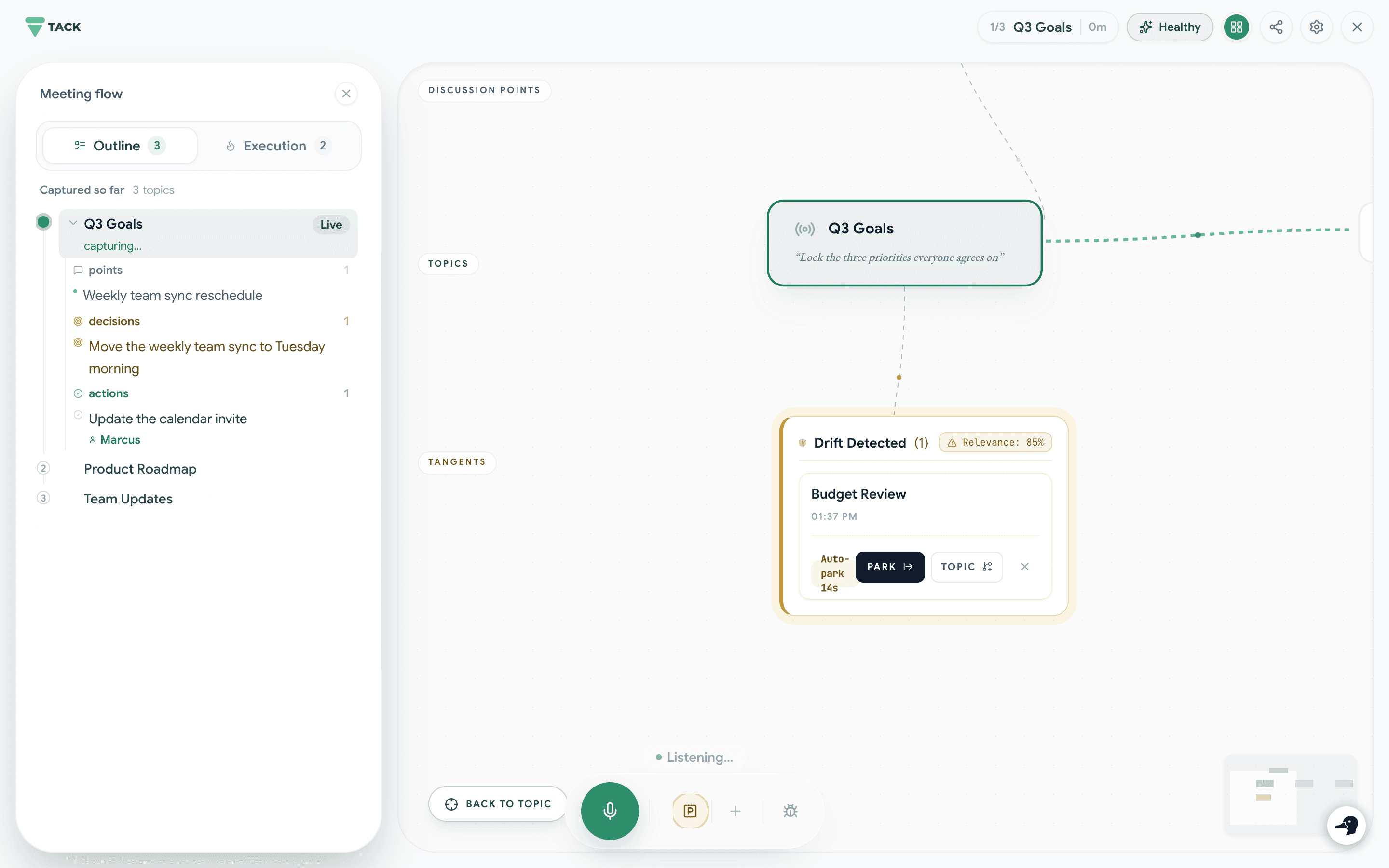 Tack showing live meeting topics, drift, decisions, and actions in one browser tab