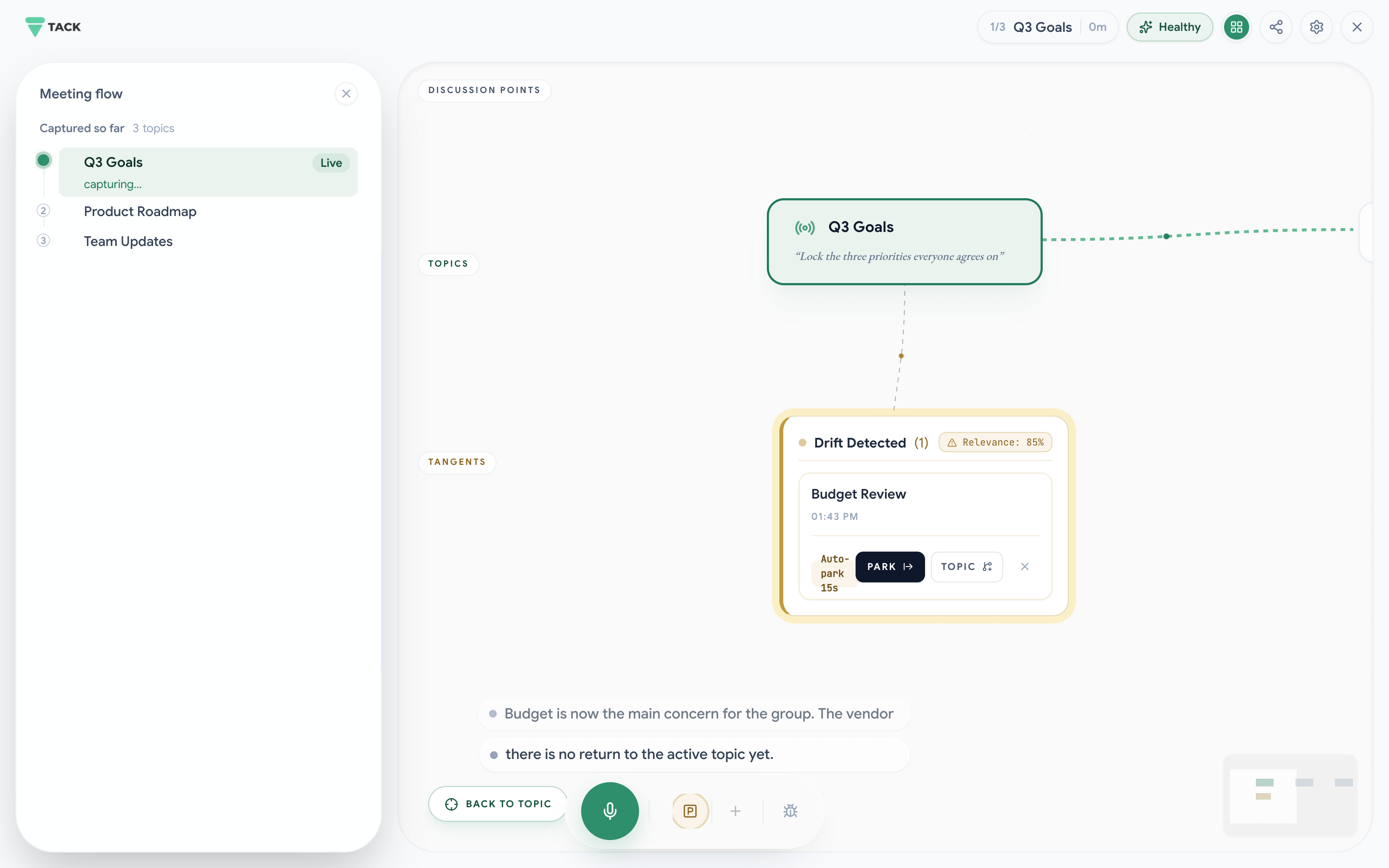 Tack showing a live tangent prompt with options to park it or keep going
